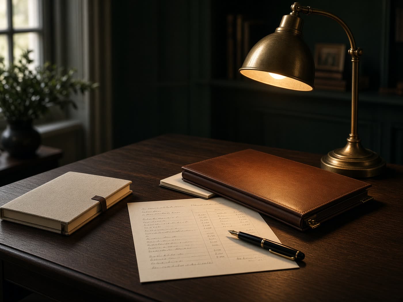 Mesa de trabalho com documentos, pasta de couro e luminária — ambiente da Ativa Contabilidade