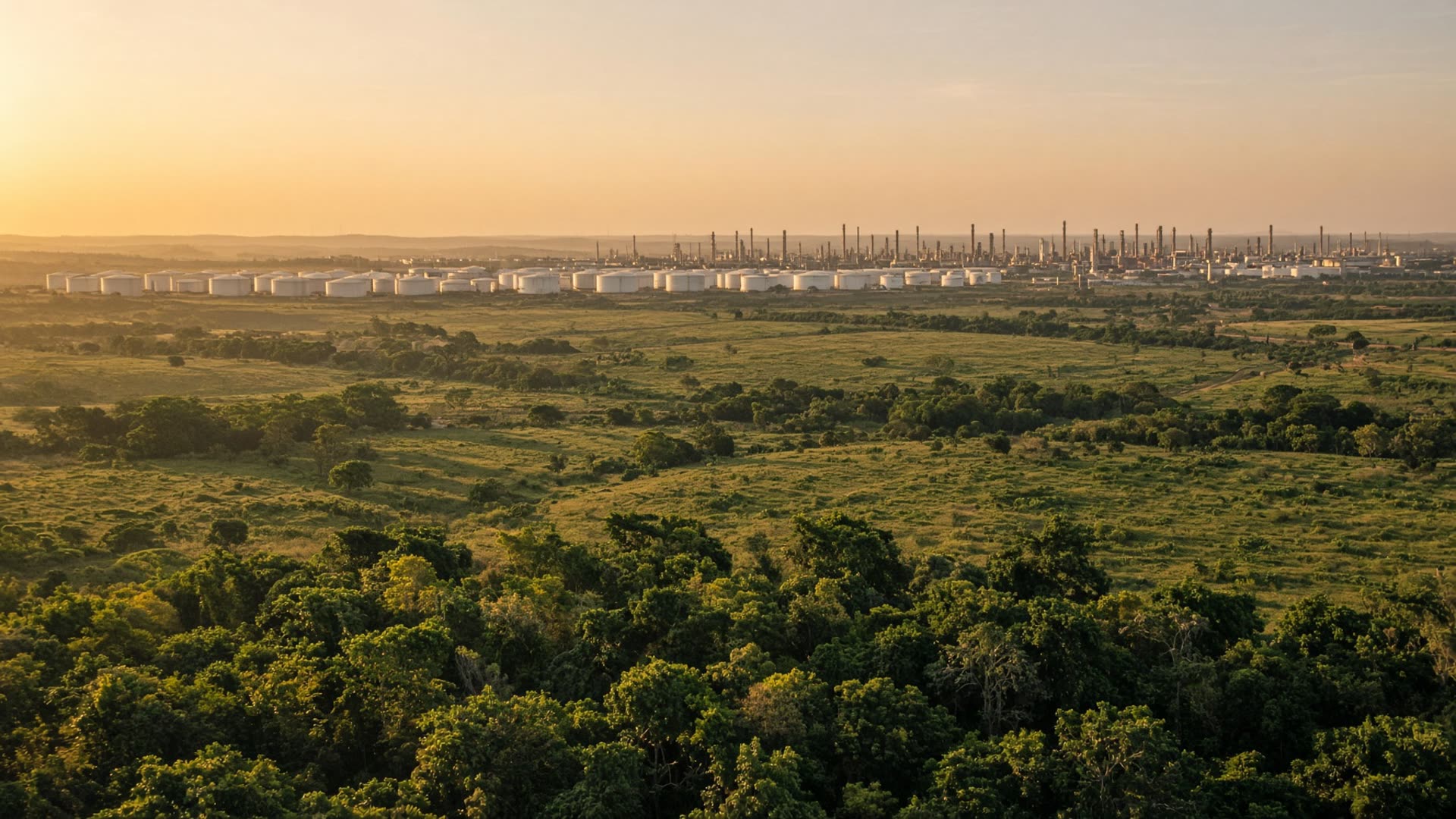 Paisagem industrial e rural de Paulínia, São Paulo, ao entardecer